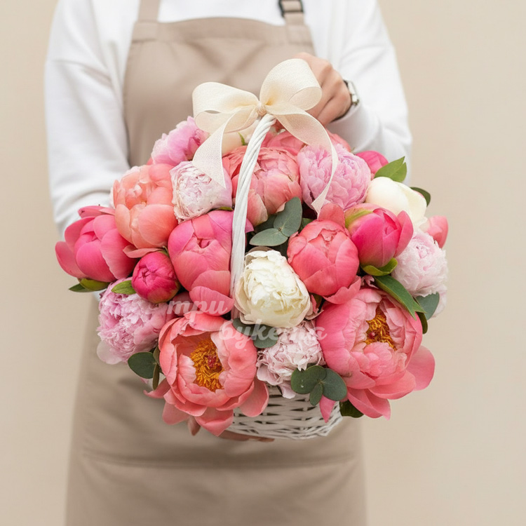 25 пионов в корзине